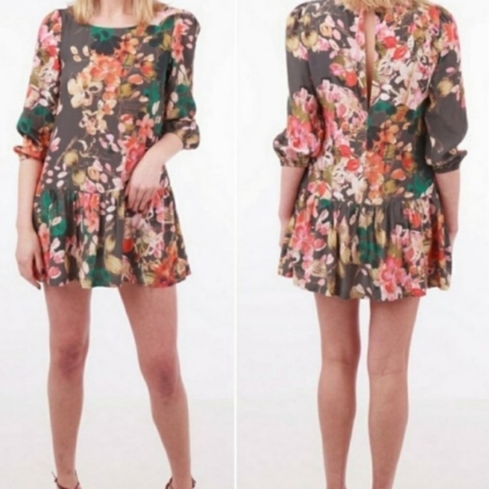 Anthropologie Meadow Rue Grey Floral Mini Dress Size 4